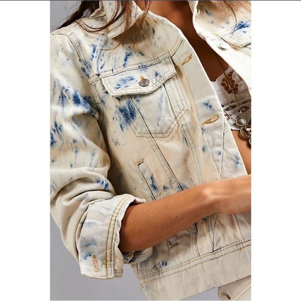 ✨FREE‎ PEOPLE Rumors Denim Jacket Jones Tie Dye Blue Size X SMALL